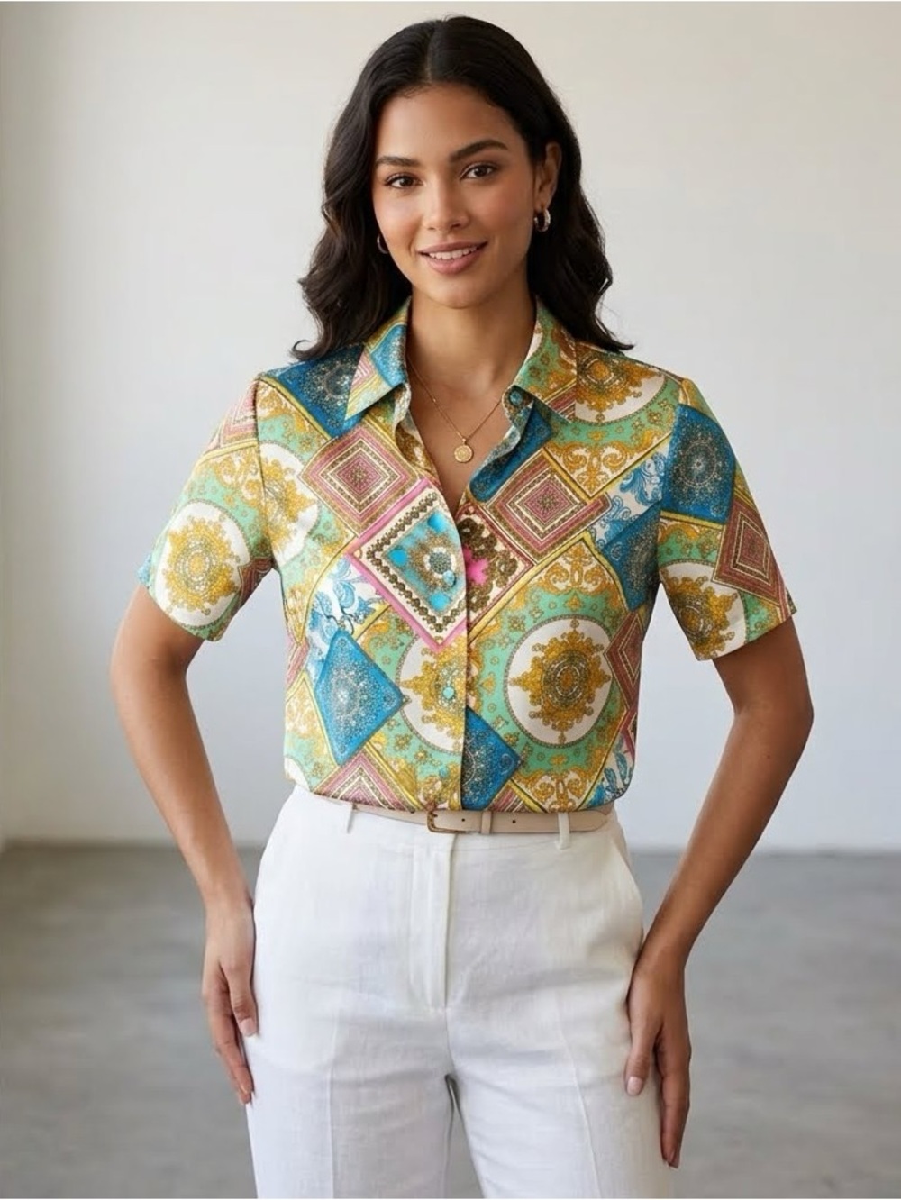Boston Proper | Patchwork Status Sophia Button Up Charmeuse Blouse Size 10